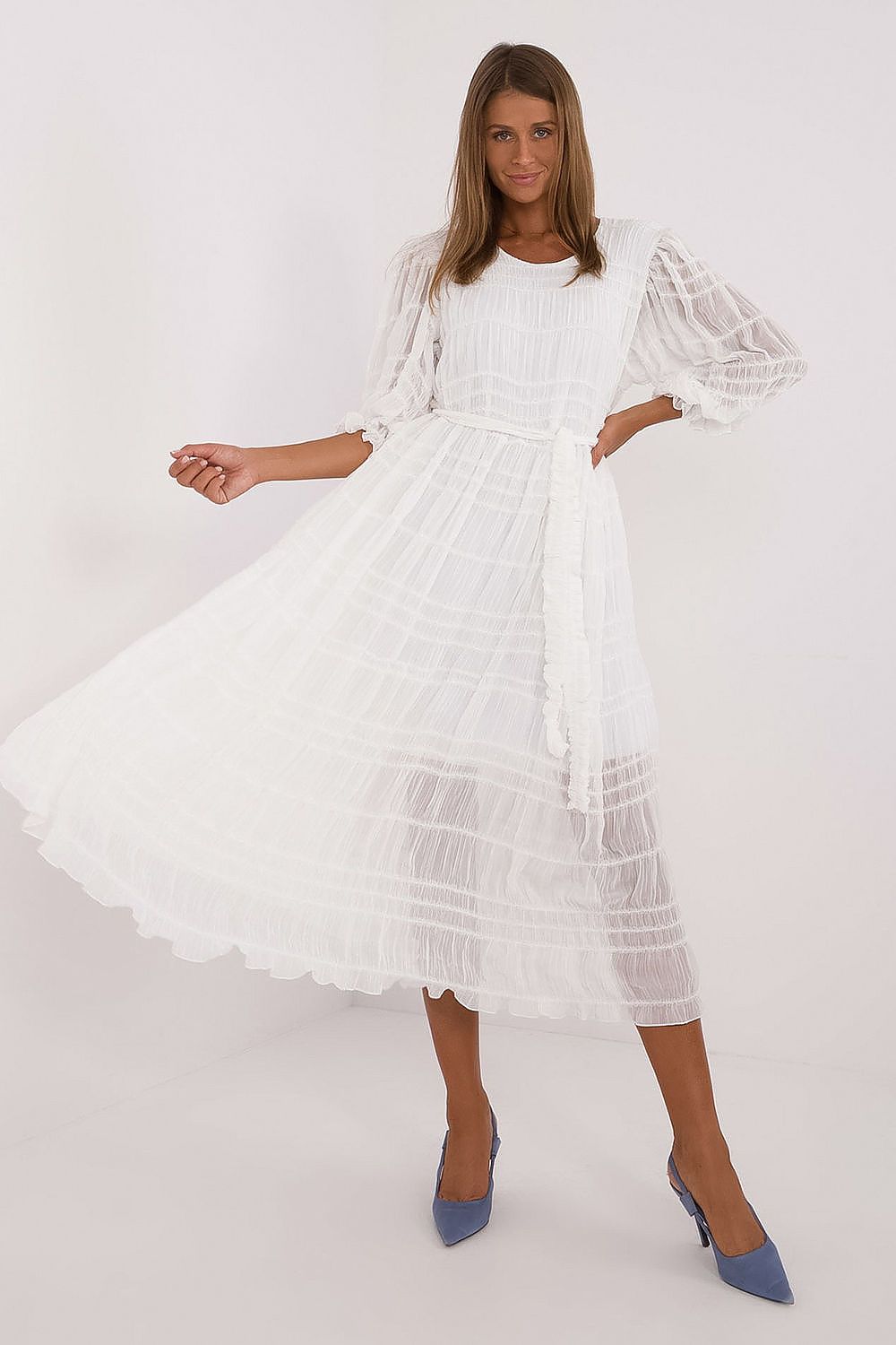 Elegant midi flared cocktail dress in cotton by Lakerta featuring a round neckline and 3/4 puff sleeves with delicate frills, perfect for formal occasions.