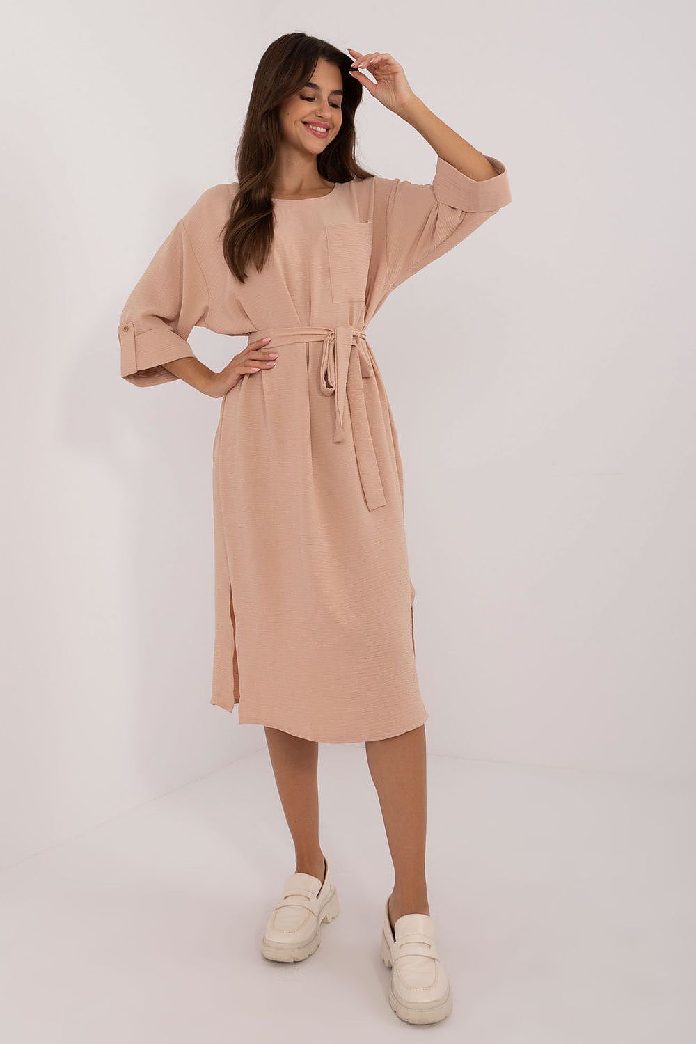 Elegant Lakerta Midi Dress for Women made from a luxurious cotton-viscose blend, featuring 3/4 sleeves and a flattering silhouette, ideal for both work and casual outings.