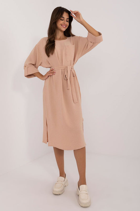Elegant Lakerta Midi Dress for Women made from a luxurious cotton-viscose blend, featuring 3/4 sleeves and a flattering silhouette, ideal for both work and casual outings.