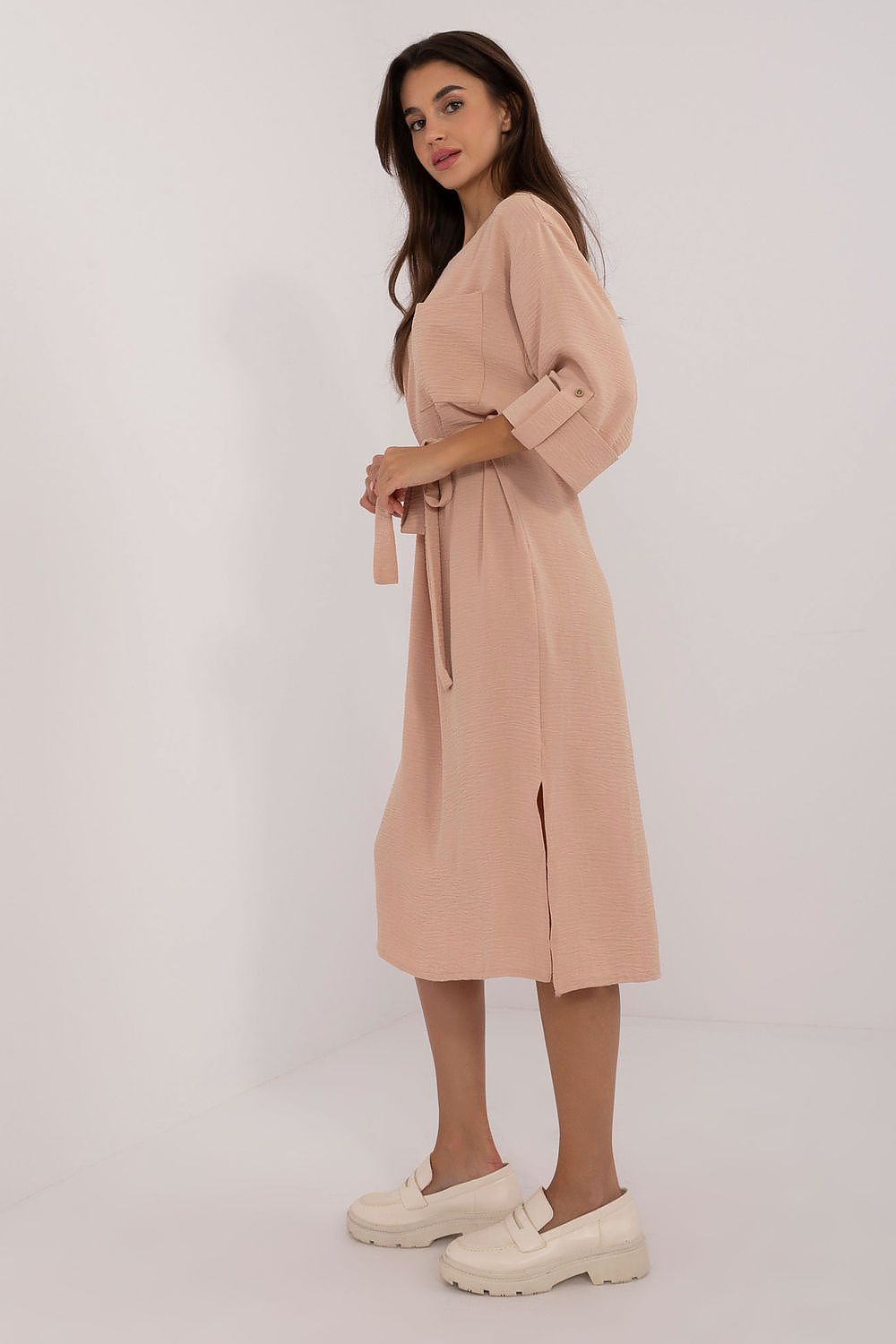 Elegant Lakerta midi dress featuring a refined cotton-viscose blend, styled with 3/4 sleeves and a tasteful round neckline.