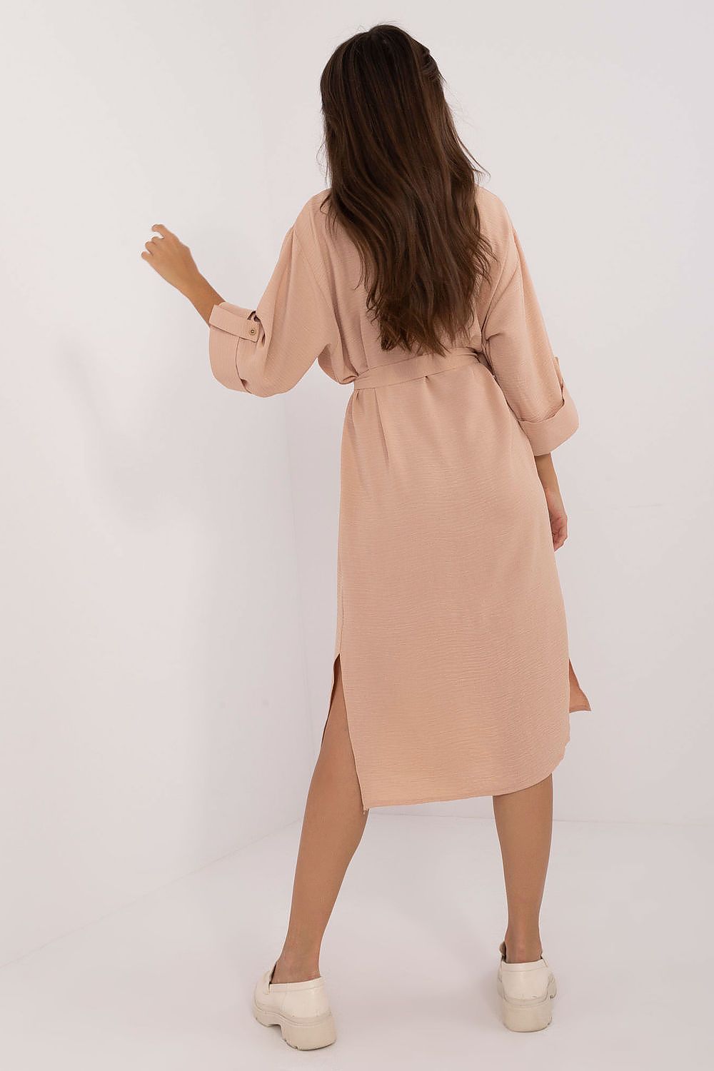 Beautiful Lakerta midi dress with practical tie belt and stylish chest pocket, crafted for casual elegance.
