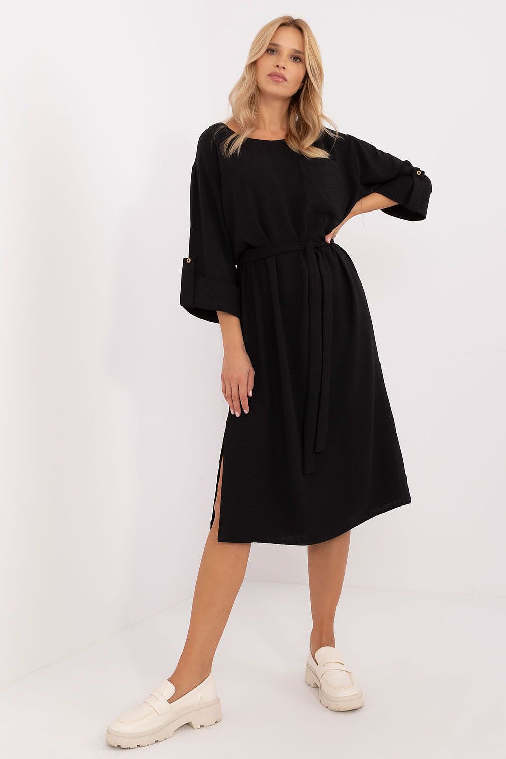 Versatile Lakerta midi dress showcasing side slits for ease of movement, perfect for everyday outings.
