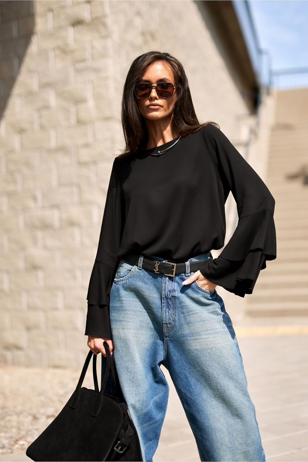 Elegant Camila Blouse by Roco Fashion showcasing luxurious lightweight viscose fabric with unique double flounce sleeves.