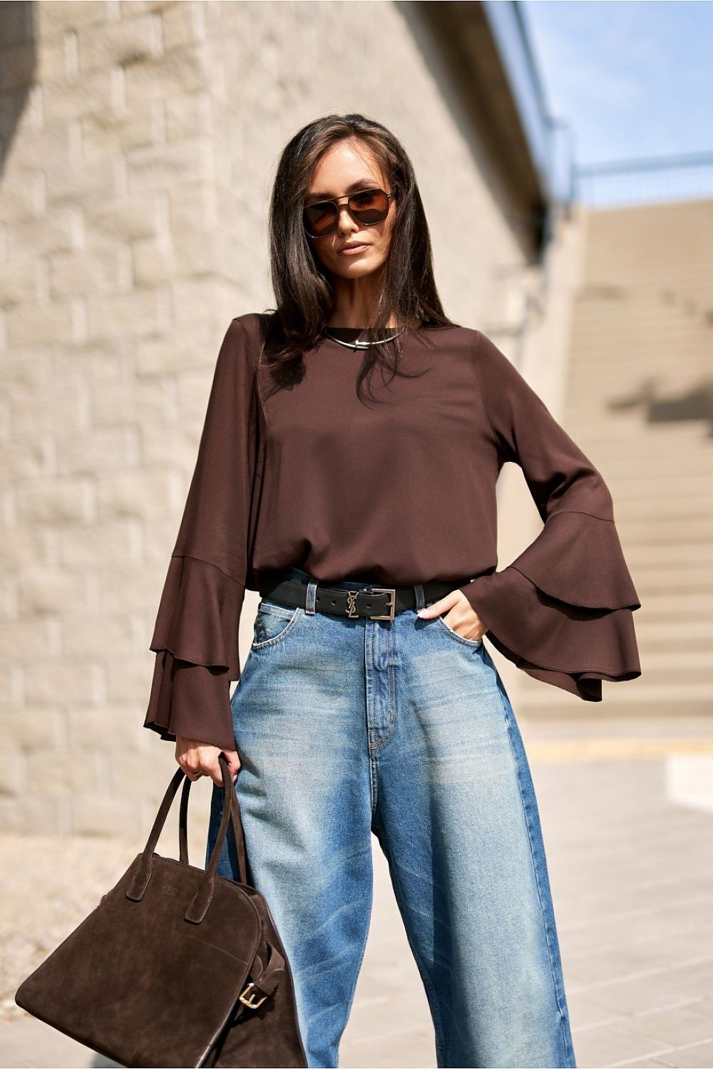 Stylish ensemble featuring the Elegant Camila Blouse by Roco Fashion paired with chic fabric trousers, perfect for any occasion.