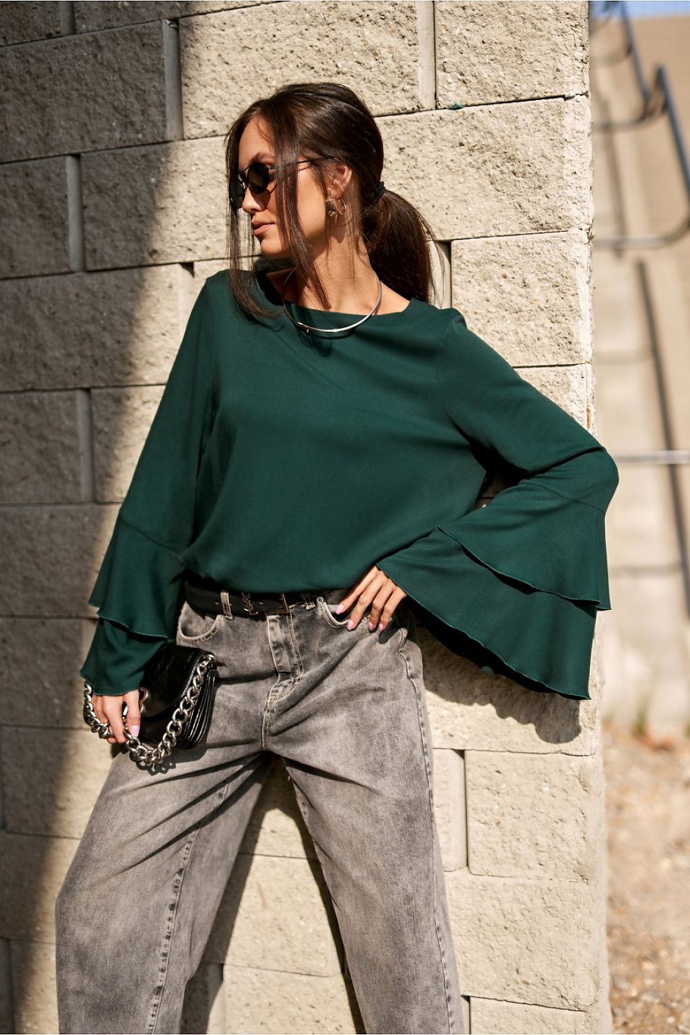 Elegant Camila Blouse by Roco Fashion showcasing lightweight viscose fabric and unique flounce sleeves in a stylish presentation.