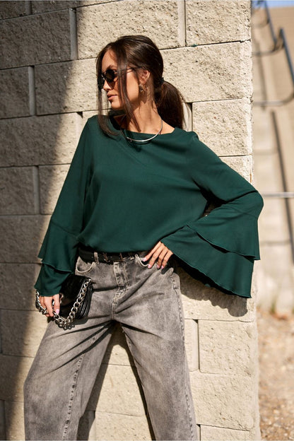 Elegant Camila Blouse by Roco Fashion showcasing lightweight viscose fabric and unique flounce sleeves in a stylish presentation.