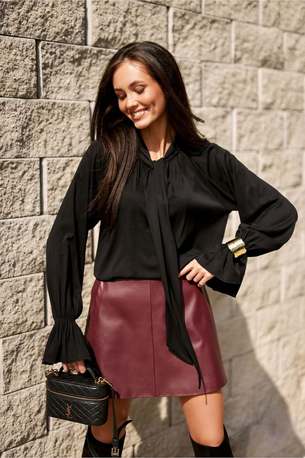 Isabel Elegant Viscose Blouse by Roco Fashion featuring a stylish neck tie and ruffled cuffs, perfect for office and evening wear.