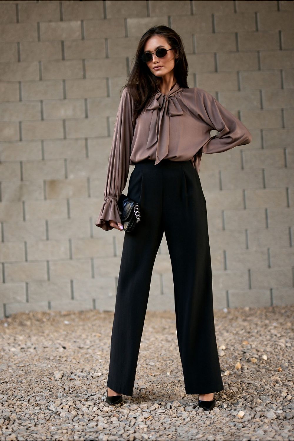 Roco Fashion Isabel Blouse styled with elegant trousers, highlighting the versatile and luxurious nature of this viscose blouse for sophisticated occasions.