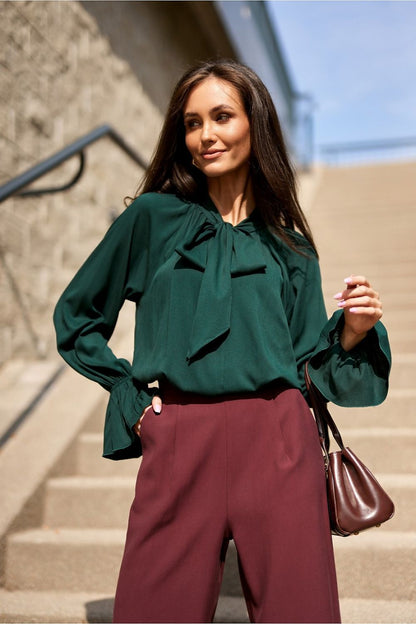 Isabel Elegant Viscose Blouse with Neck Tie and Ruffled Cuffs by Roco Fashion, showcasing delicate ruffles and luxurious fabric.