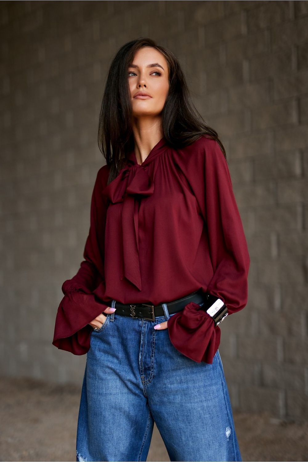 Model wearing the Isabel Elegant Viscose Blouse by Roco Fashion, styled with elegant trousers for a chic, professional look.