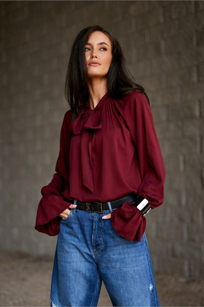 Model wearing the Isabel Elegant Viscose Blouse by Roco Fashion, styled with elegant trousers for a chic, professional look.