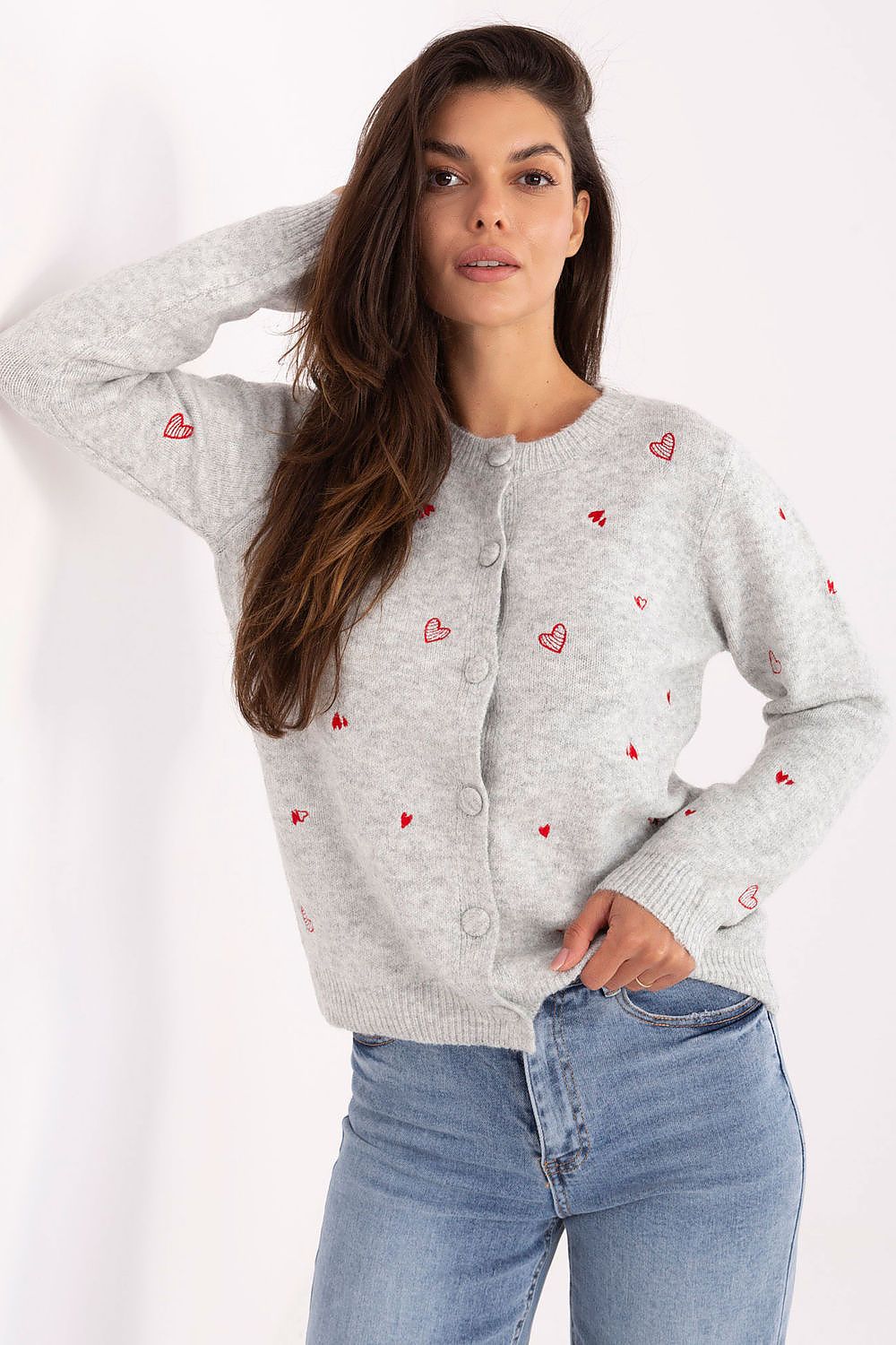 Luxurious heart-embroidered women's cardigan sweater by Factory Price, crafted from a soft polyester-wool blend, featuring a classic round neckline and button closure.