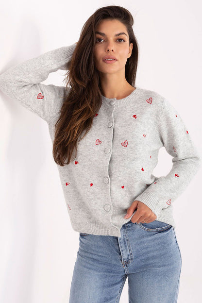 Luxurious heart-embroidered women's cardigan sweater by Factory Price, crafted from a soft polyester-wool blend, featuring a classic round neckline and button closure.