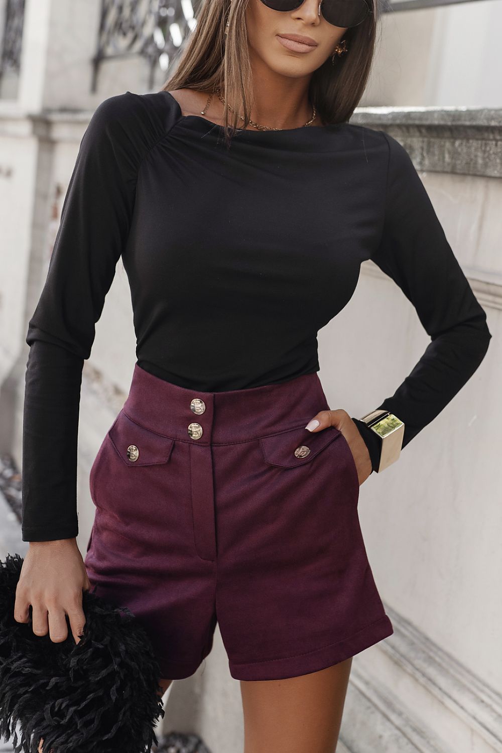 Elegant burgundy CALLY shorts for women by LaBalancia, made from a luxurious viscose elastane blend, offering comfort and style.