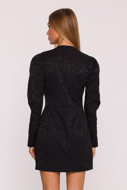 Elegant Jacquard Cocktail Dress by Moe featuring a deep V-neckline and delicate puff sleeves, available in sizes S-XL, perfect for sophisticated evening outings.