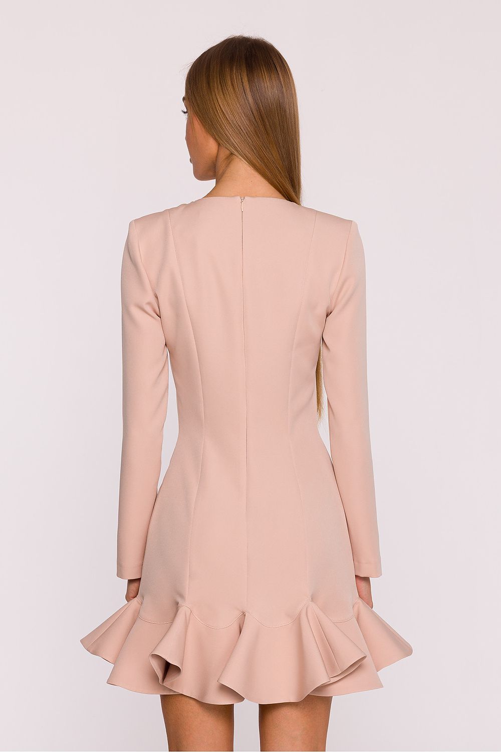 Elegant cocktail dress with ruffle hem by Moe, showcasing a timeless design with a matte finish, perfect for special occasions.