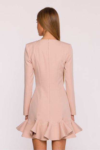 Elegant cocktail dress with ruffle hem by Moe, showcasing a timeless design with a matte finish, perfect for special occasions.