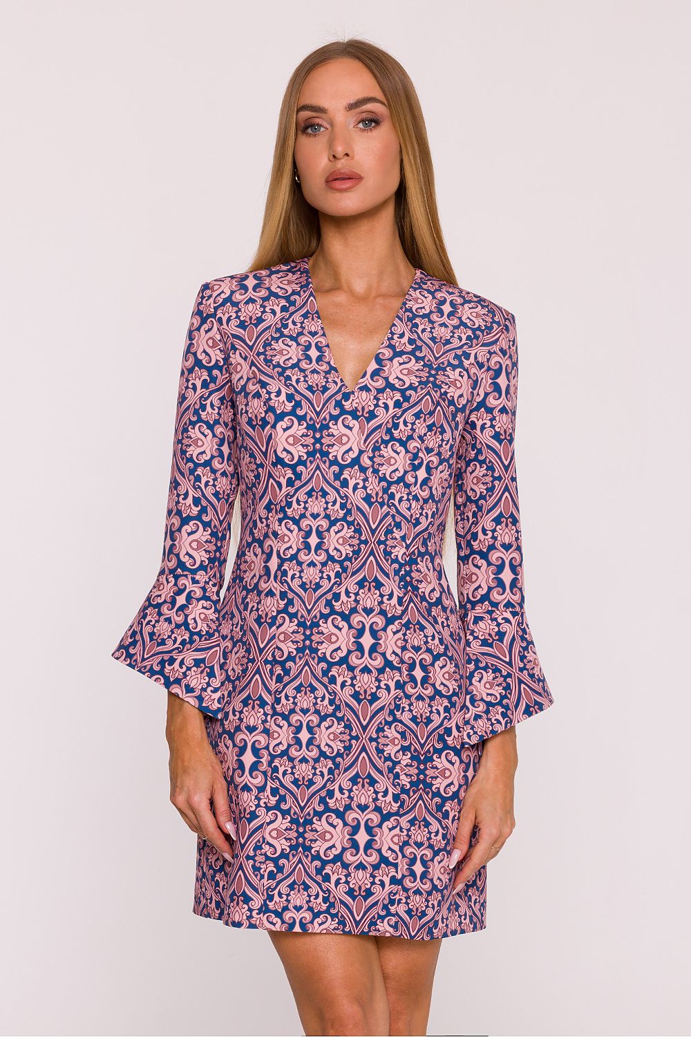 Elegant Moe Floral V-Neck Daydress in Mini Length, showcasing vibrant plant prints and 7/8 length sleeves, perfect for a sophisticated look.