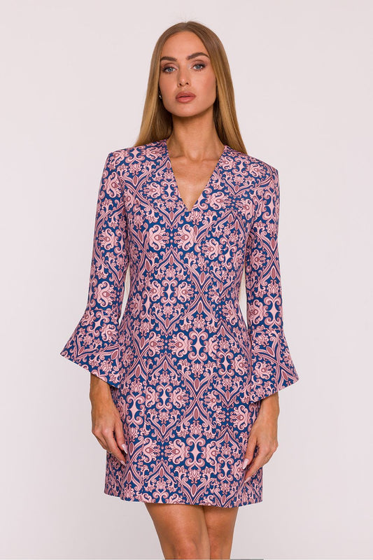 Elegant Moe Floral V-Neck Daydress in Mini Length, showcasing vibrant plant prints and 7/8 length sleeves, perfect for a sophisticated look.