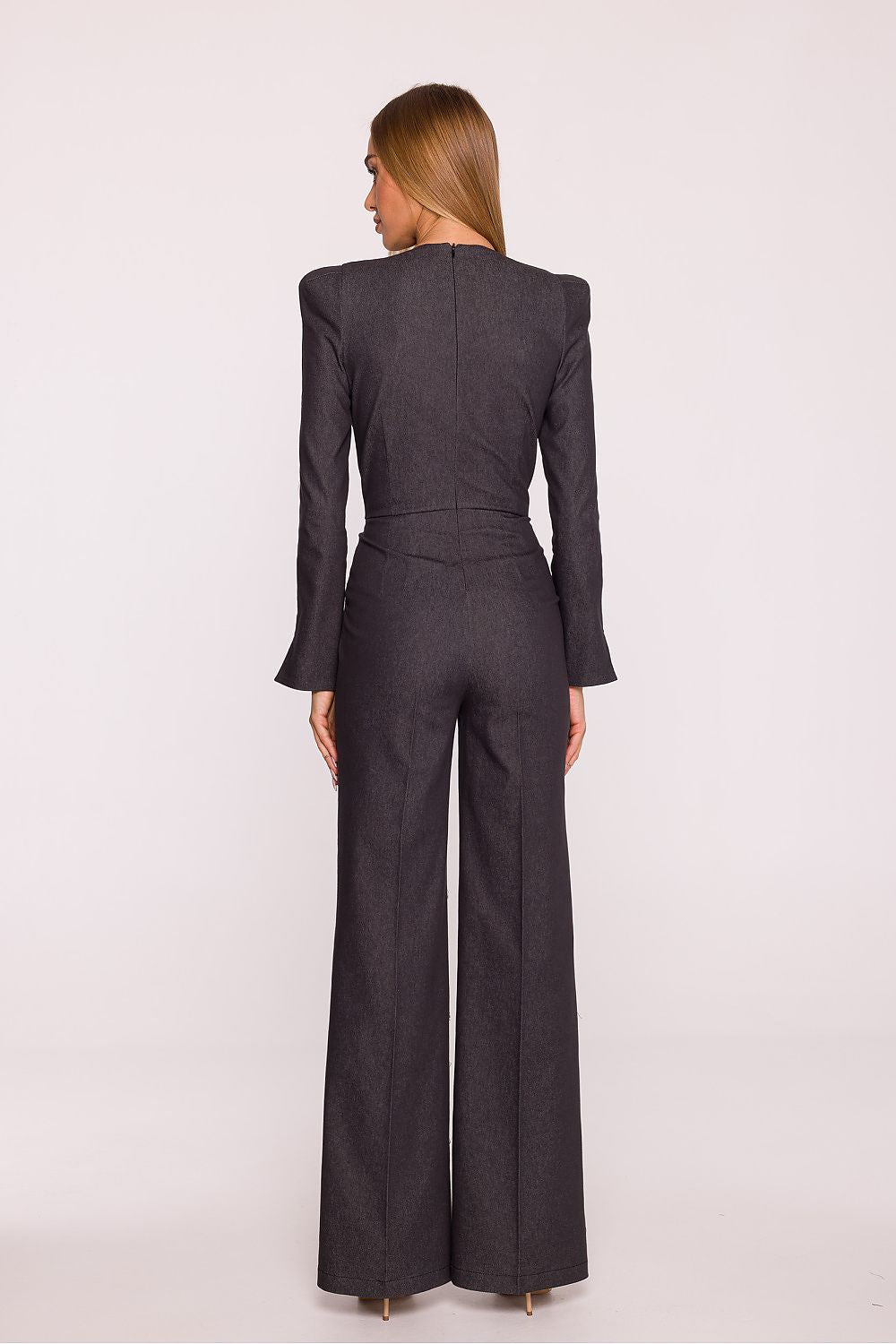 Elegant denim jumpsuit with V-neckline and flared sleeves, designed by Moe, perfect for a sophisticated style.