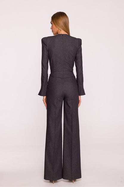 Elegant denim jumpsuit with V-neckline and flared sleeves, designed by Moe, perfect for a sophisticated style.