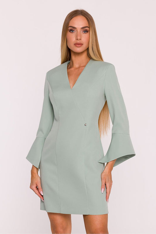 Elegant V-Neck Daydress by Moe featuring mini length, stylish 7/8 flare sleeves, available in sizes S-XL. Showcasing a modern feminine design perfect for sophisticated casual occasions.