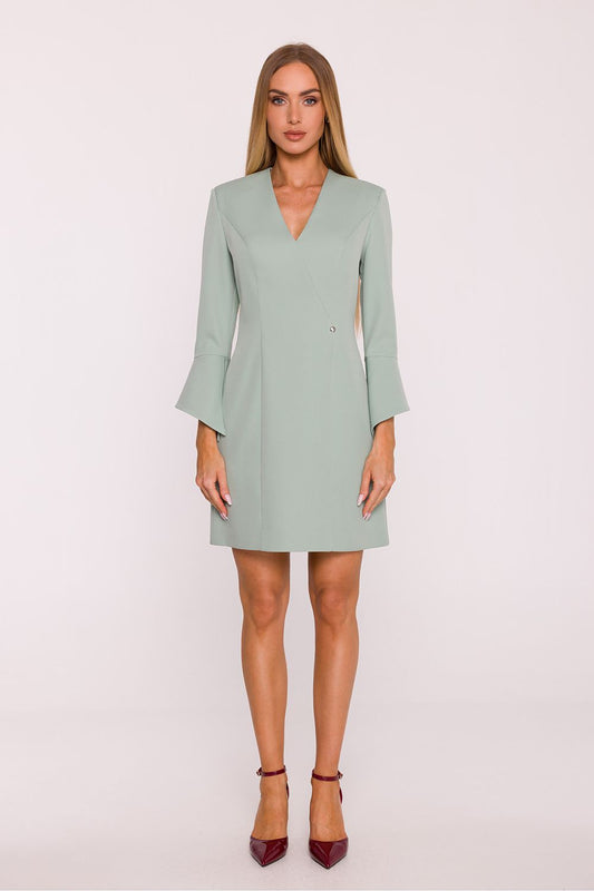 Elegant V-Neck Daydress by Moe, mini length with 7/8 flared sleeves, showcasing a modern feminine design in smooth fabric, perfect for stylish occasions.