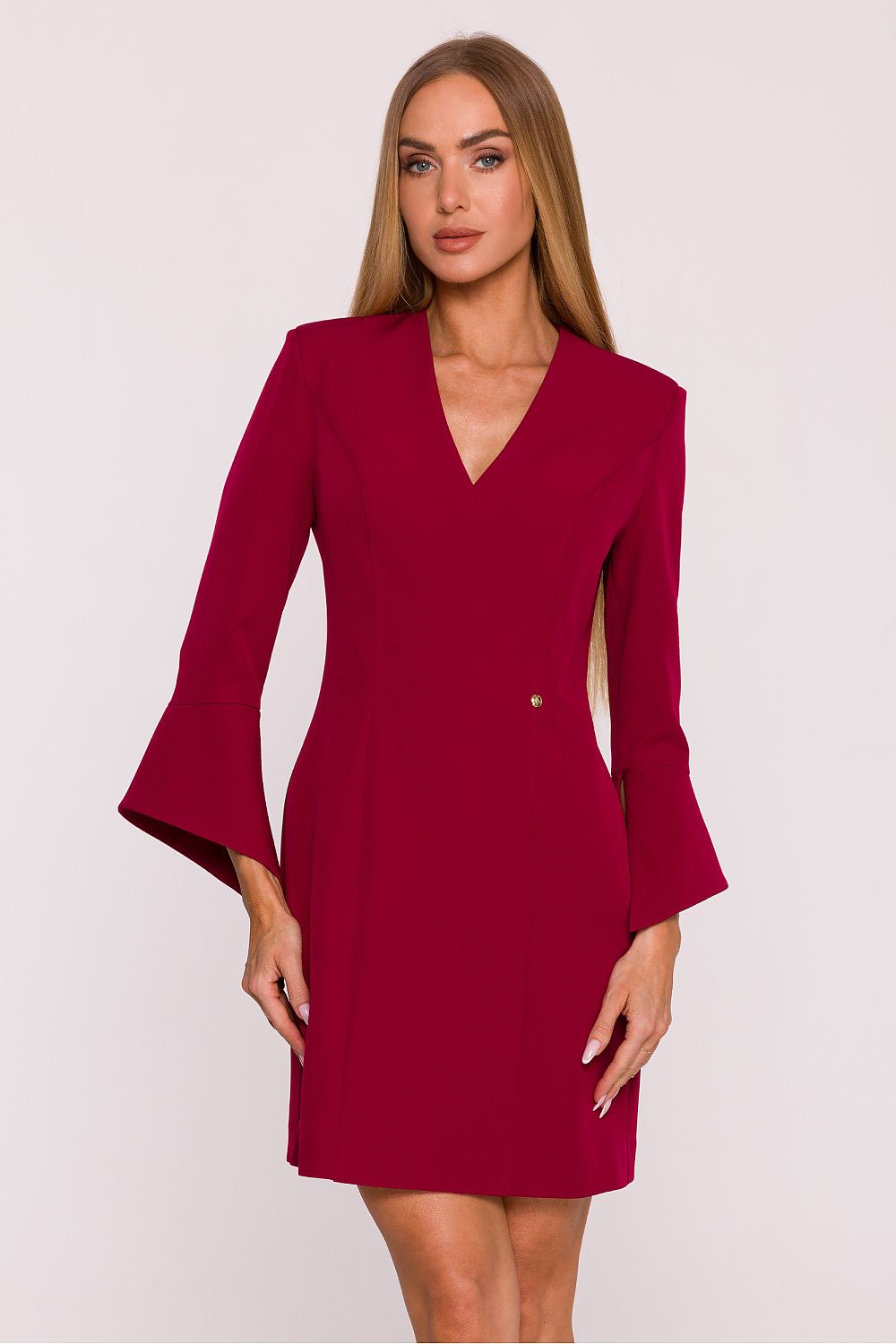 Model wearing the elegant V-neck daydress by Moe in a minimalist style, perfect for chic daytime outings, emphasizing modern femininity.