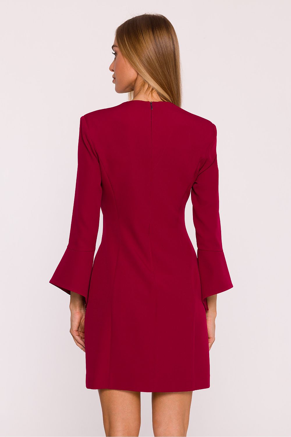 Elegant V-Neck Daydress by Moe showcasing a mini-length design with 7/8 flare sleeves, perfect for modern feminine style.