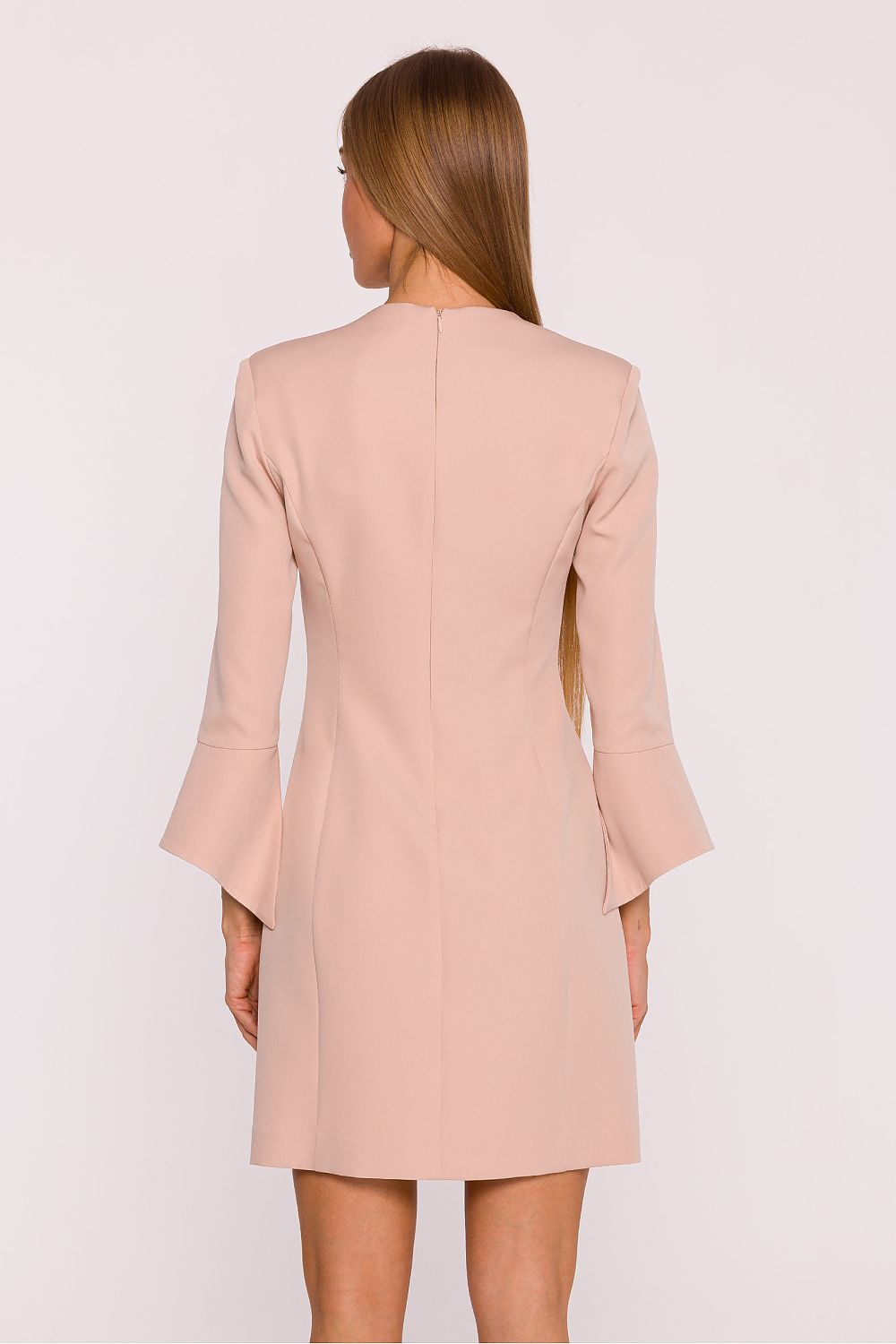 Back view of the Moe V-Neck Daydress highlighting the concealed zipper closure and elegant metal logo plate accentuating modern femininity.