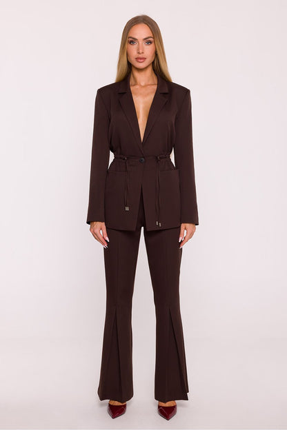 Elegant high-waisted flared trousers for women by Moe, crafted from smooth polyester fabric with stylish pleats and a sophisticated matte finish.