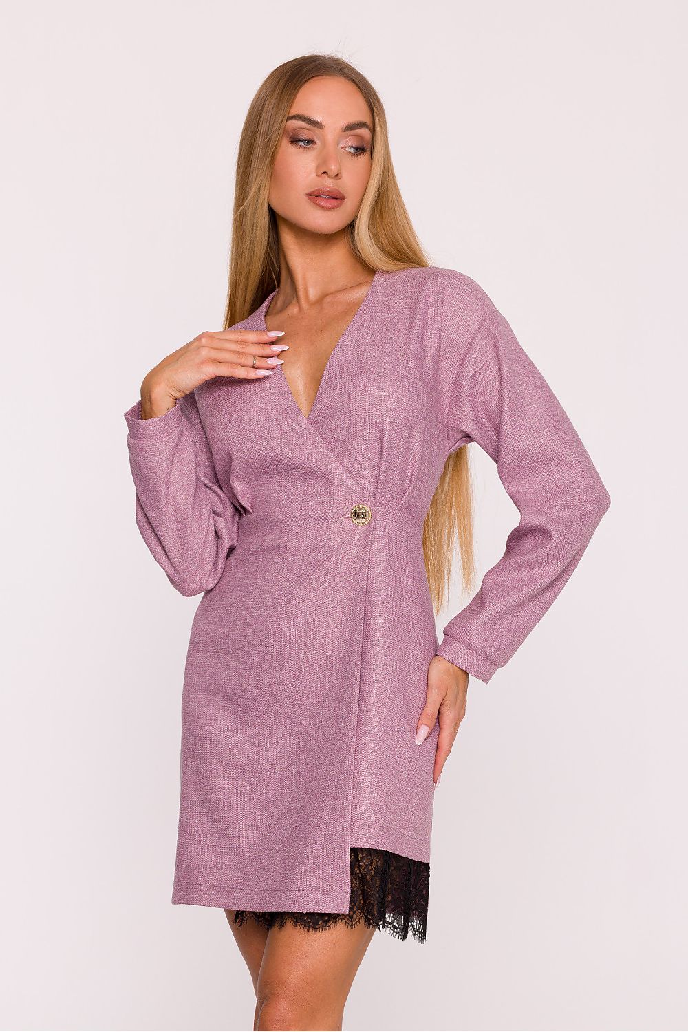 Elegant Moe tweed daydress featuring lace accents, V-neck and slim fit, perfect for formal and casual occasions.