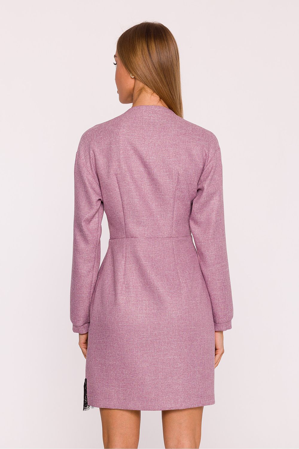 Moe Elegant Tweed Daydress in a sophisticated melange pattern featuring delicate lace accents and a deep V-neckline, designed for a refined silhouette.