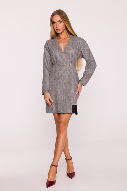 Moe Elegant Tweed Daydress showcasing the wrap front and accentuated waist, perfect for a flattering slim fit in sizes S-XXL.
