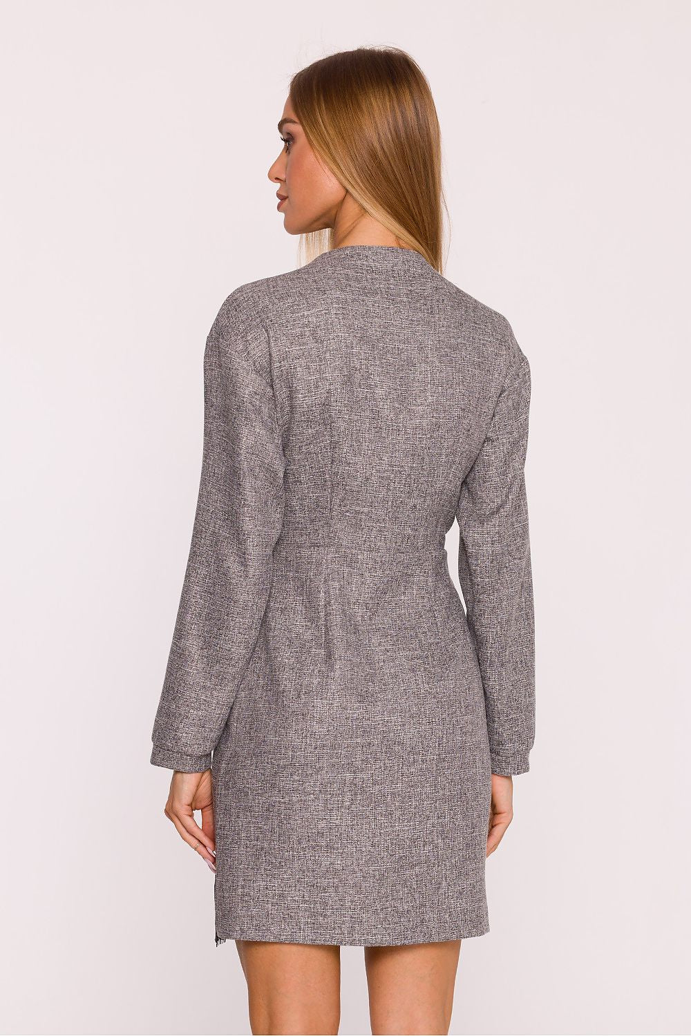The enchanting Moe Elegant Tweed Daydress displayed on a model, emphasising its long sleeves and mini length for chic occasions.