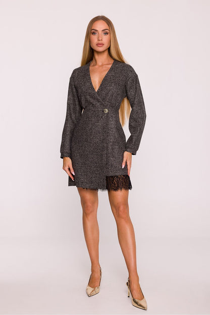 Elegant Moe tweed daydress with lace accents, showcasing a deep V-neckline and slim fit, perfect for sophisticated occasions.
