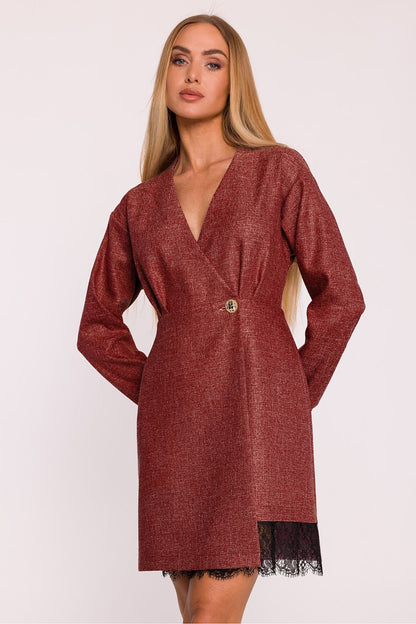 Side view of Moe's elegant tweed daydress, featuring long sleeves and a beautifully accentuated waist for an alluring silhouette.