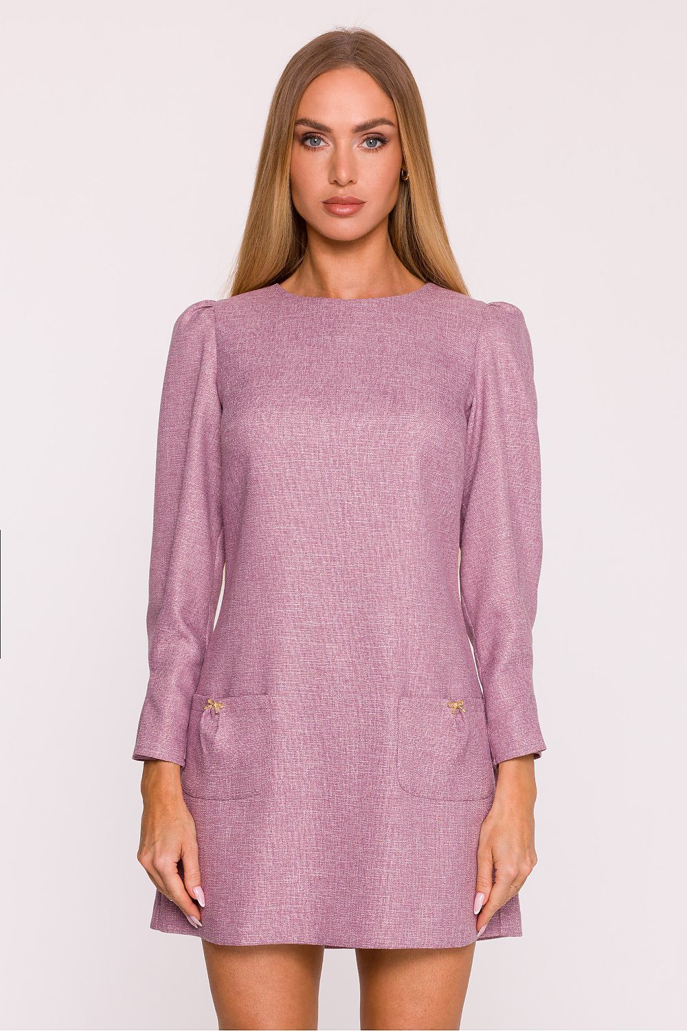 Elegant tweed daydress by Moe featuring a sophisticated boat neckline and long sleeves, perfect for a timeless chic look.