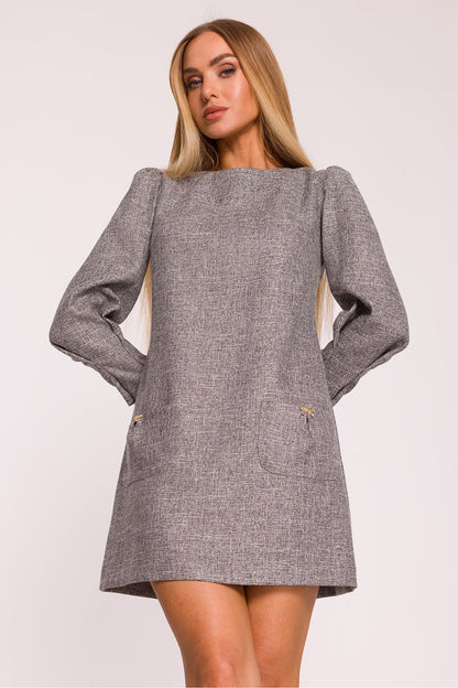Back view of the Moe elegant tweed daydress, highlighting the concealed zipper and structured silhouette for effortless sophistication.