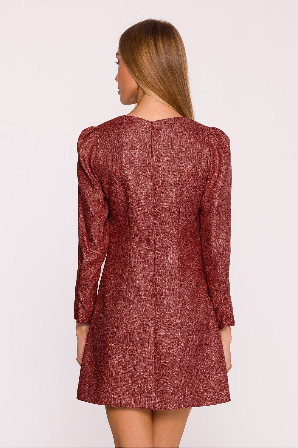 Front view of Moe's elegant tweed daydress with gathered long sleeves adorned with jewelled bows, epitomising classic femininity.