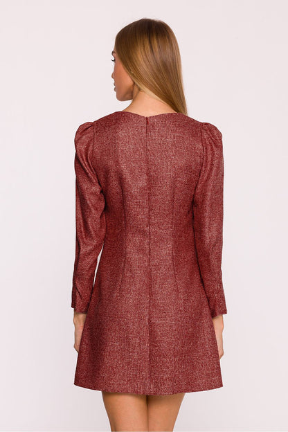 Front view of Moe's elegant tweed daydress with gathered long sleeves adorned with jewelled bows, epitomising classic femininity.