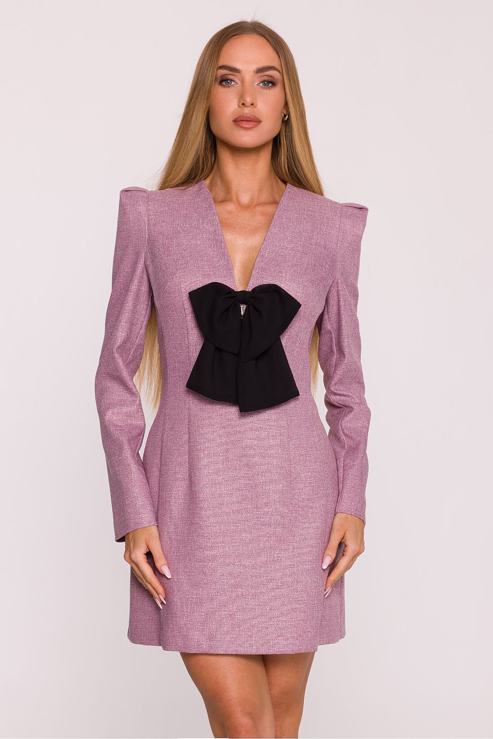 Elegant tweed daydress by Moe featuring puff sleeves and a deep V-neckline, perfect for sophisticated women's fashion.
