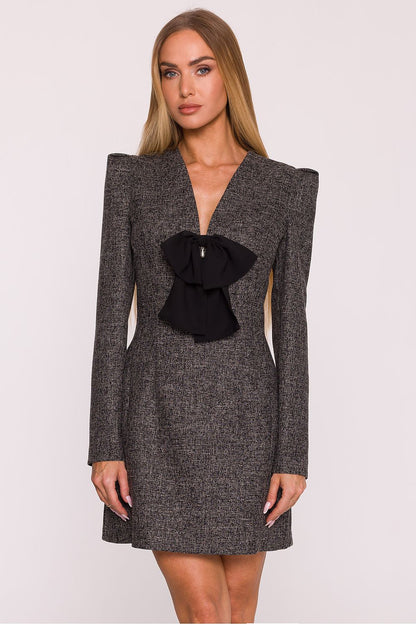 Front view of Moe's sophisticated daydress with structured puff sleeves and a deep V-neck, epitomising modern elegance for contemporary fashion.