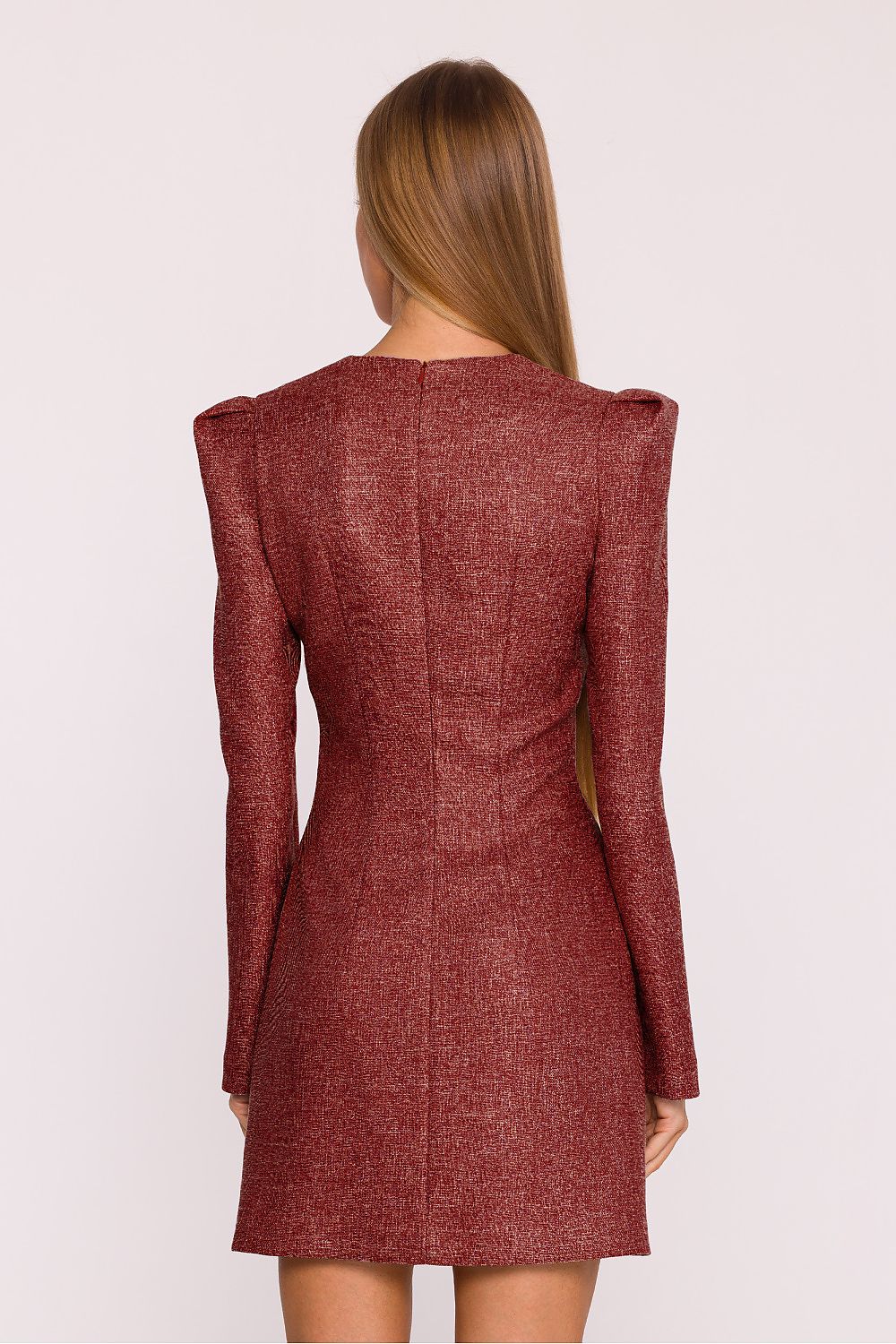 Back view highlighting the concealed zipper closure of Moe's elegant tweed daydress, exemplifying comfort and style in a modern classic design.