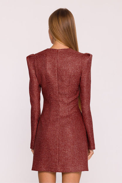 Back view highlighting the concealed zipper closure of Moe's elegant tweed daydress, exemplifying comfort and style in a modern classic design.