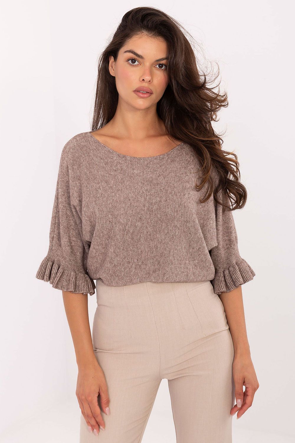 Elegant women's sweater by Italy Moda featuring a round neckline and 3/4 sleeves with delicate ruffle details, perfect for both casual and formal occasions in high-quality blend of viscose, polyester, and nylon.