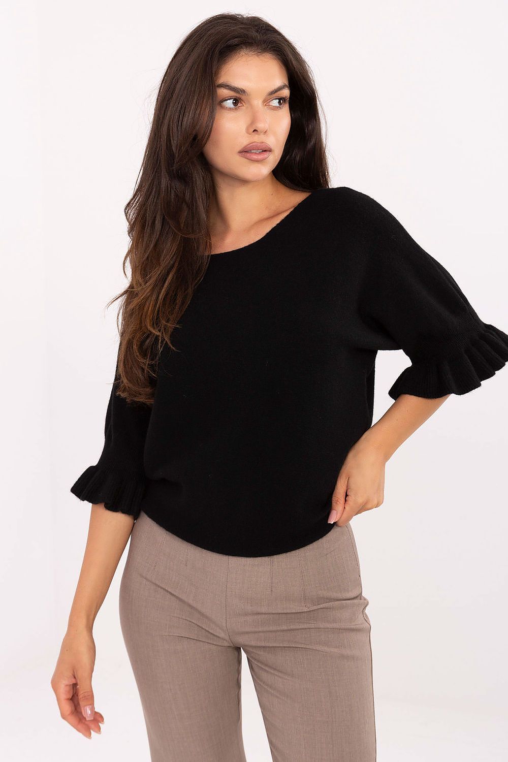 Elegant Women's Jumper by Italy Moda featuring a round neck and 3/4 sleeves with ruffle detail, perfect for sophisticated casual wear.