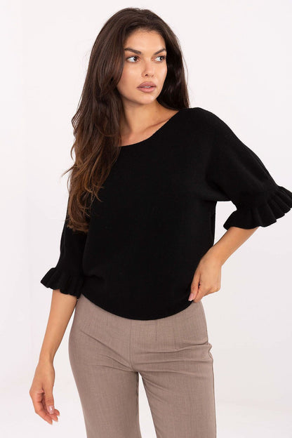 Elegant Women's Jumper by Italy Moda featuring a round neck and 3/4 sleeves with ruffle detail, perfect for sophisticated casual wear.