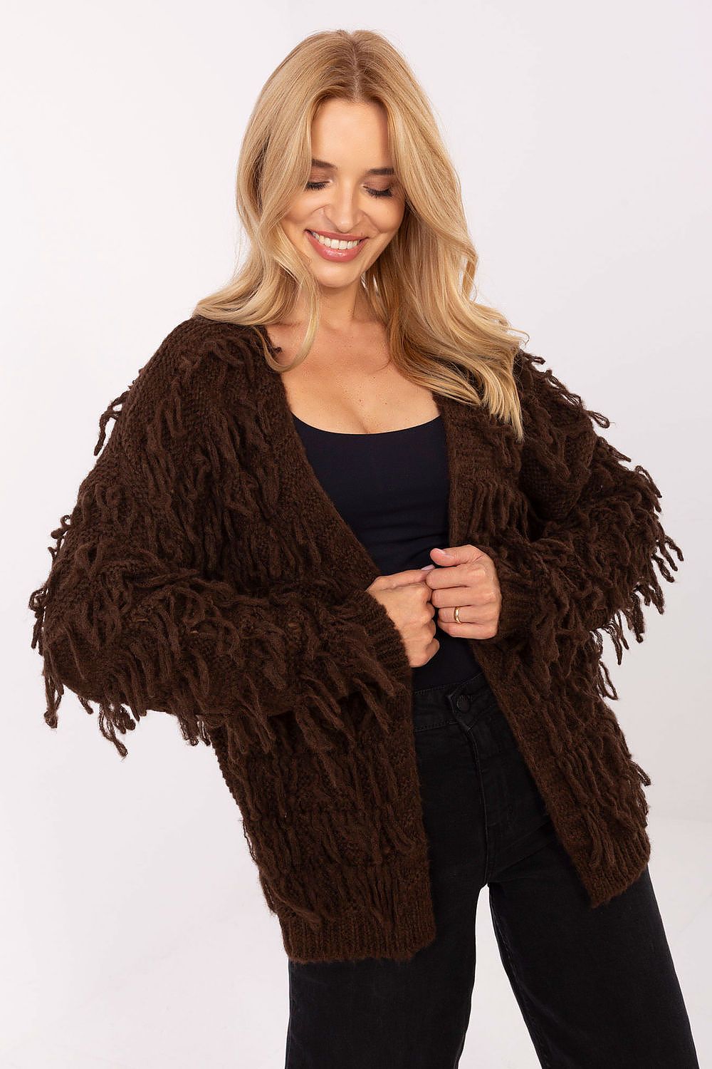 Boho Chic Open-Front Cardigan by Rue Paris, showcasing the textured design and luxurious fringes, ideal for stylish layering in women's fashion.