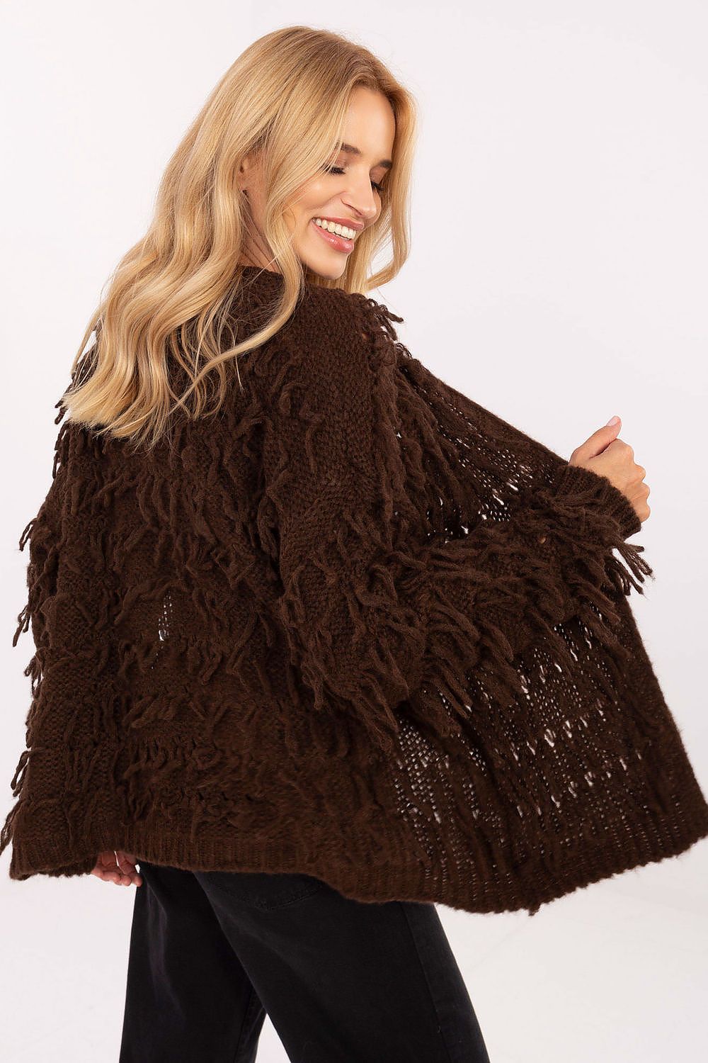 Luxurious Boho Chic Open-Front Cardigan by Rue Paris, featuring a textured design and fringes, perfect for layering and everyday elegance in EU size 0.